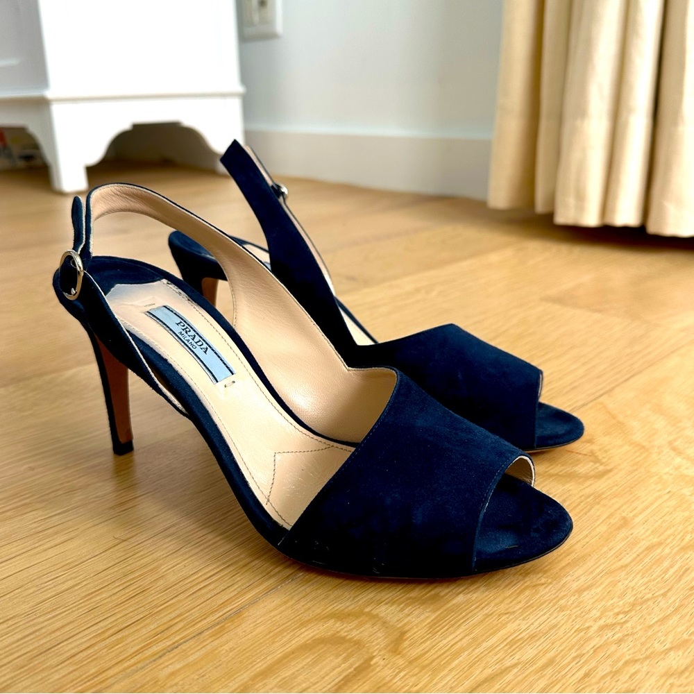 Navy Prada Suede Heeled Sandals